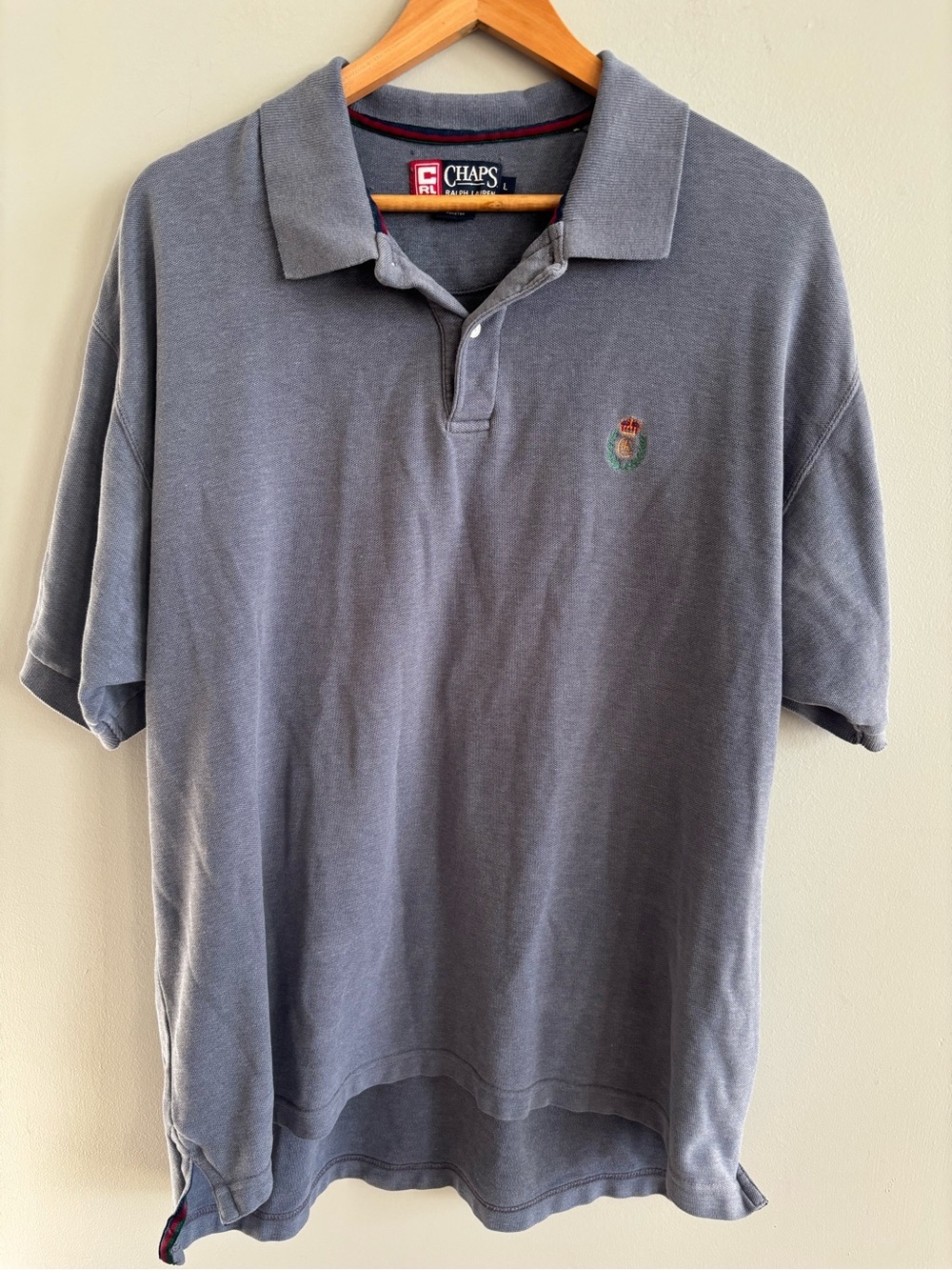 Vintage 90s Chaps Ralph Lauren Crest Logo Polo Shirt Faded Grey Blue Large